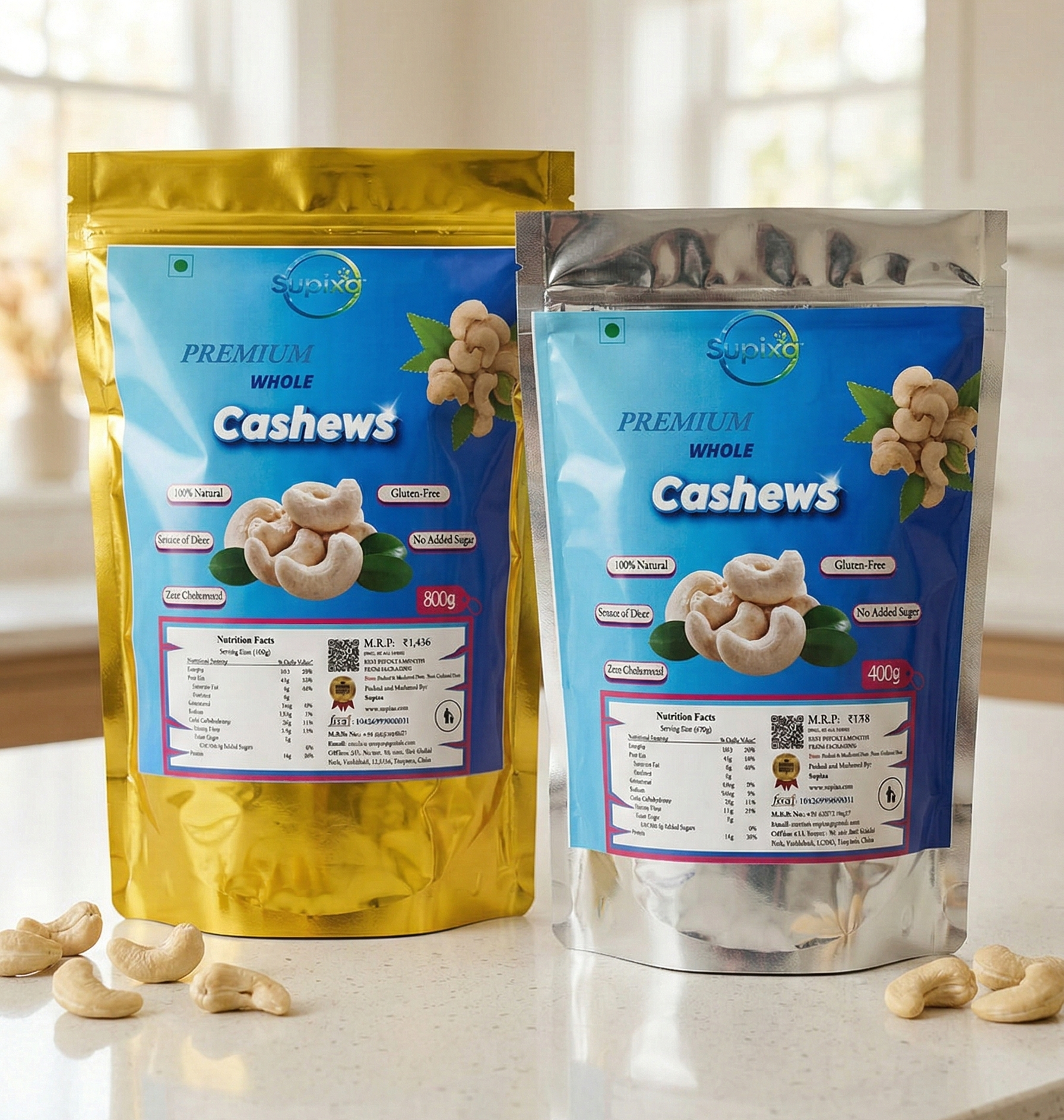 Supixa Premium Whole Cashews (Kaju) – Large, Sweet & Crunchy | 200g, 400g, 800g