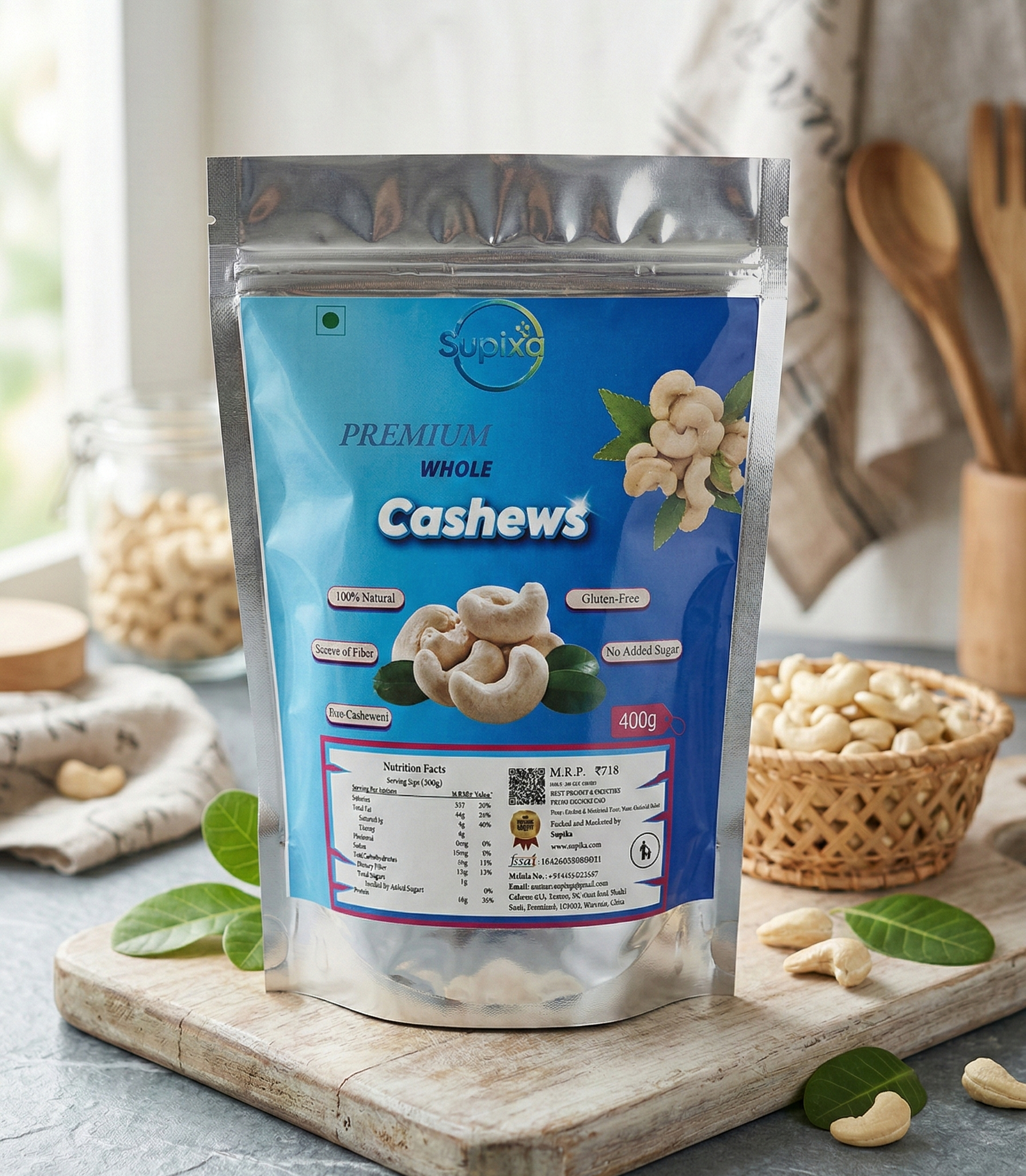 Supixa Premium Whole Cashews (Kaju) – Large, Sweet & Crunchy | 200g, 400g, 800g