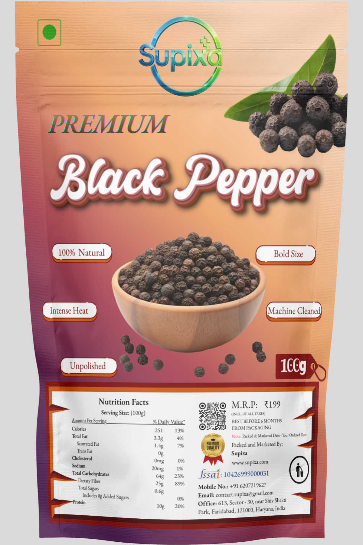 Supixa Premium Black Pepper (Kali Mirch) – 100g & 200g | Bold & Unpolished
