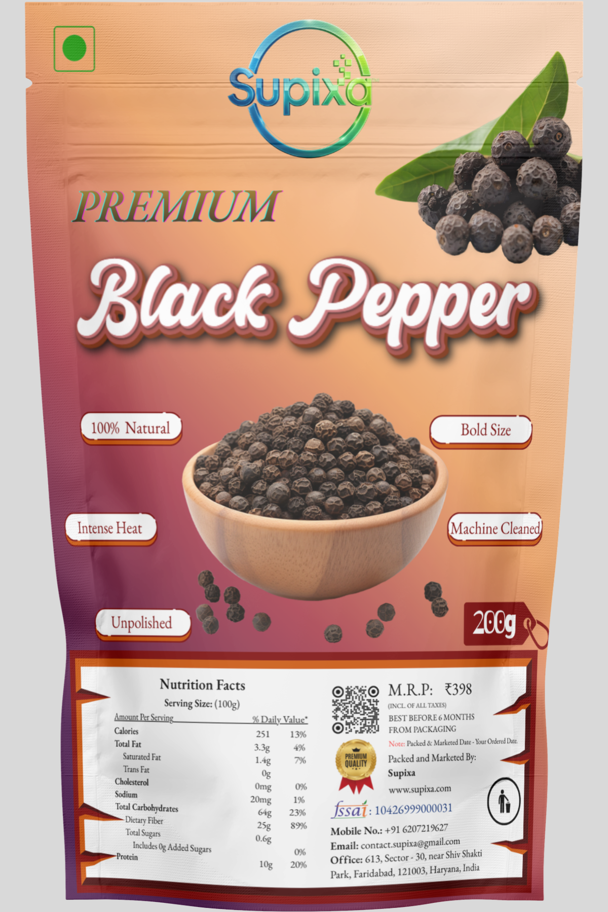 Supixa Premium Black Pepper (Kali Mirch) – 100g & 200g | Bold & Unpolished