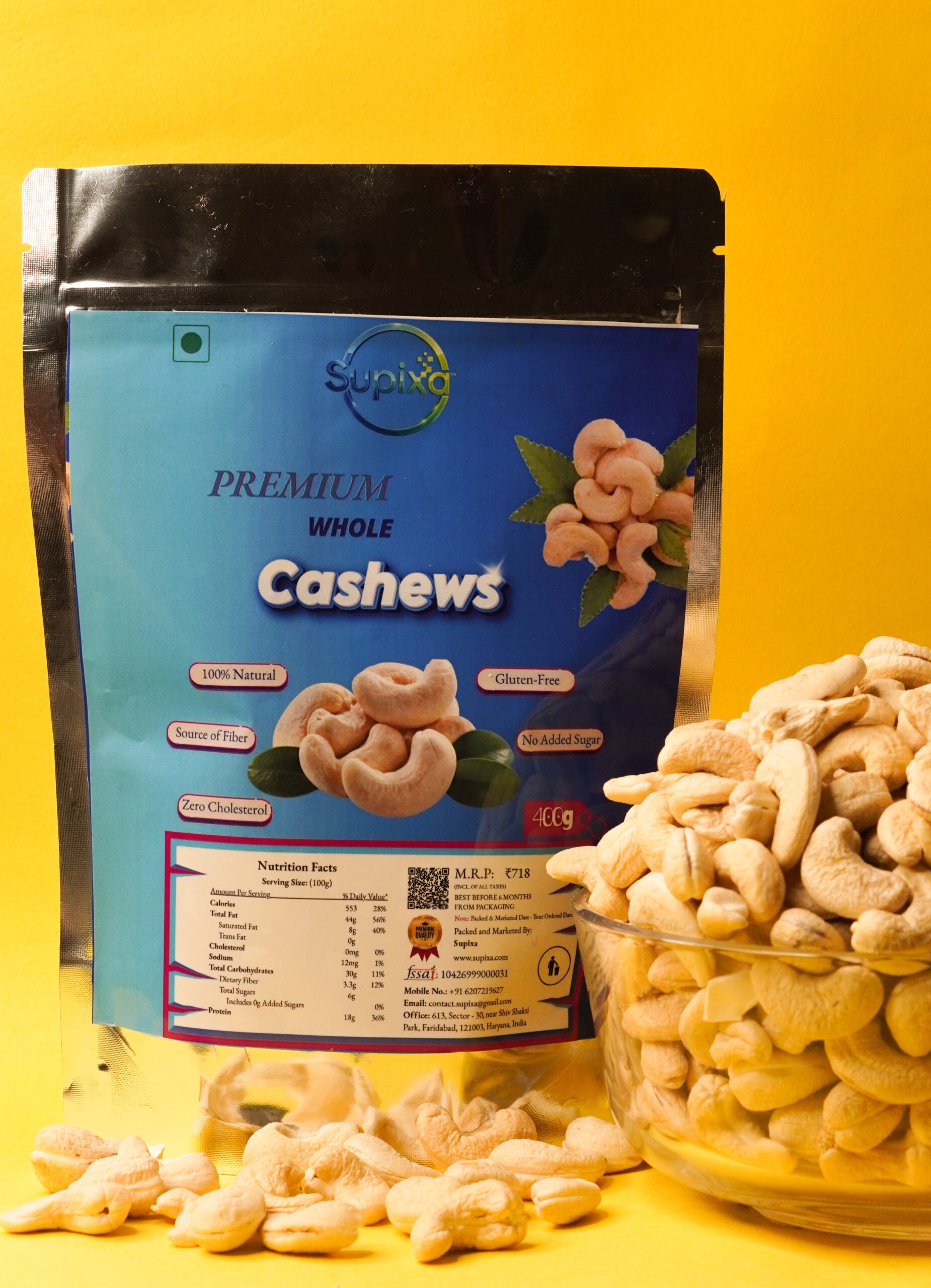 Supixa Premium Whole Cashews (Kaju) – Large, Sweet & Crunchy | 200g, 400g, 800g