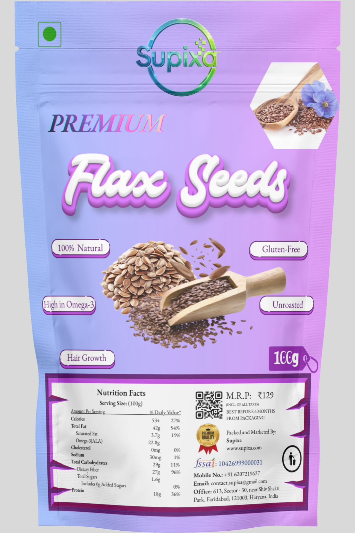Supixa Premium Raw Flax Seeds (Alsi) – Omega-3 Rich | 100g, 200g