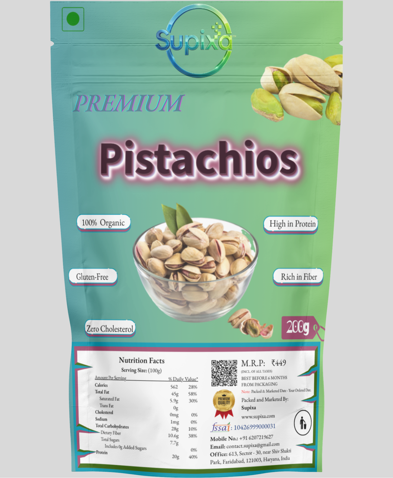 Supixa Premium Raw Pistachios (Pista) – Unroasted & Unsalted | 200g, 400g, 800g