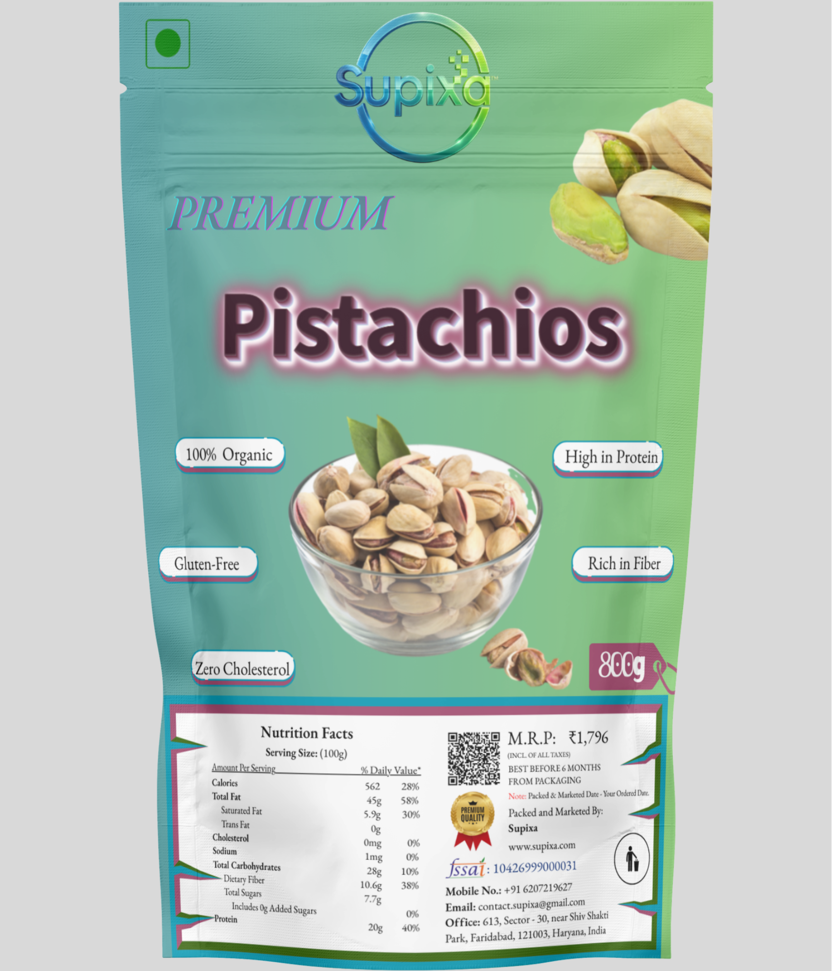 Supixa Premium Raw Pistachios (Pista) – Unroasted & Unsalted | 200g, 400g, 800g
