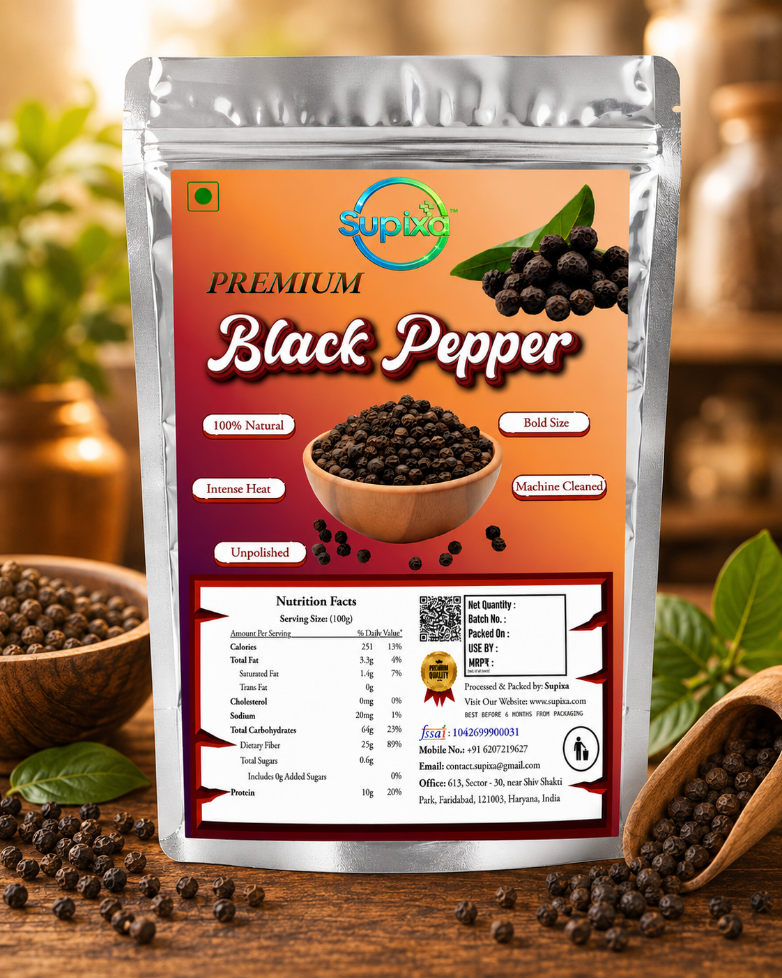 Supixa Premium Black Pepper (Kali Mirch) – 100g & 200g | Bold & Unpolished