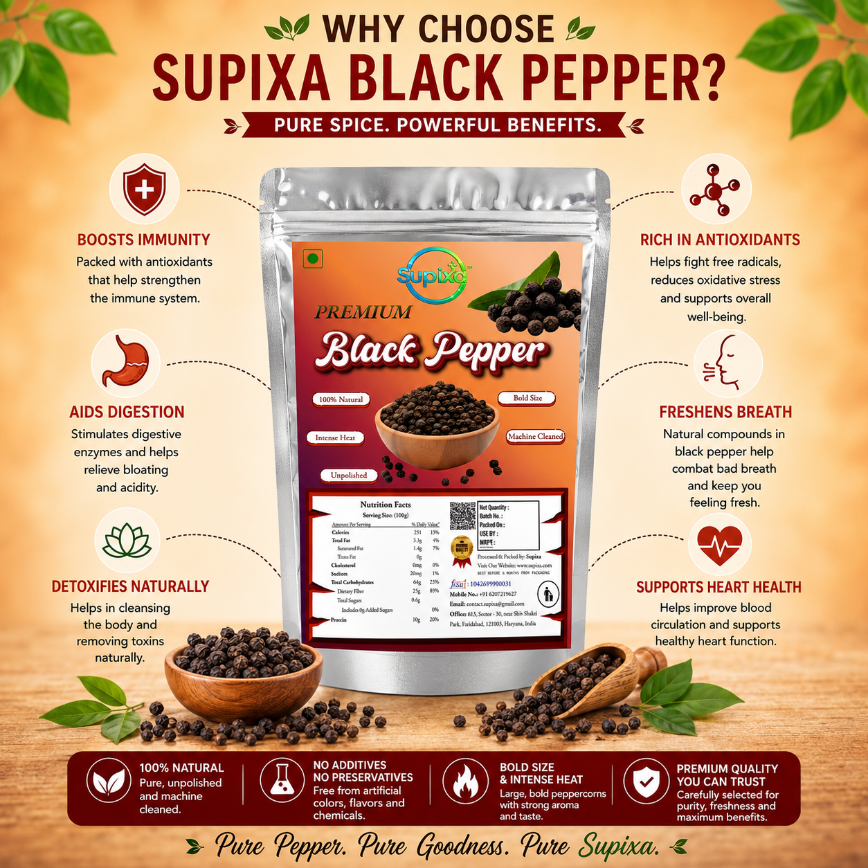 Supixa Premium Black Pepper (Kali Mirch) – 100g & 200g | Bold & Unpolished