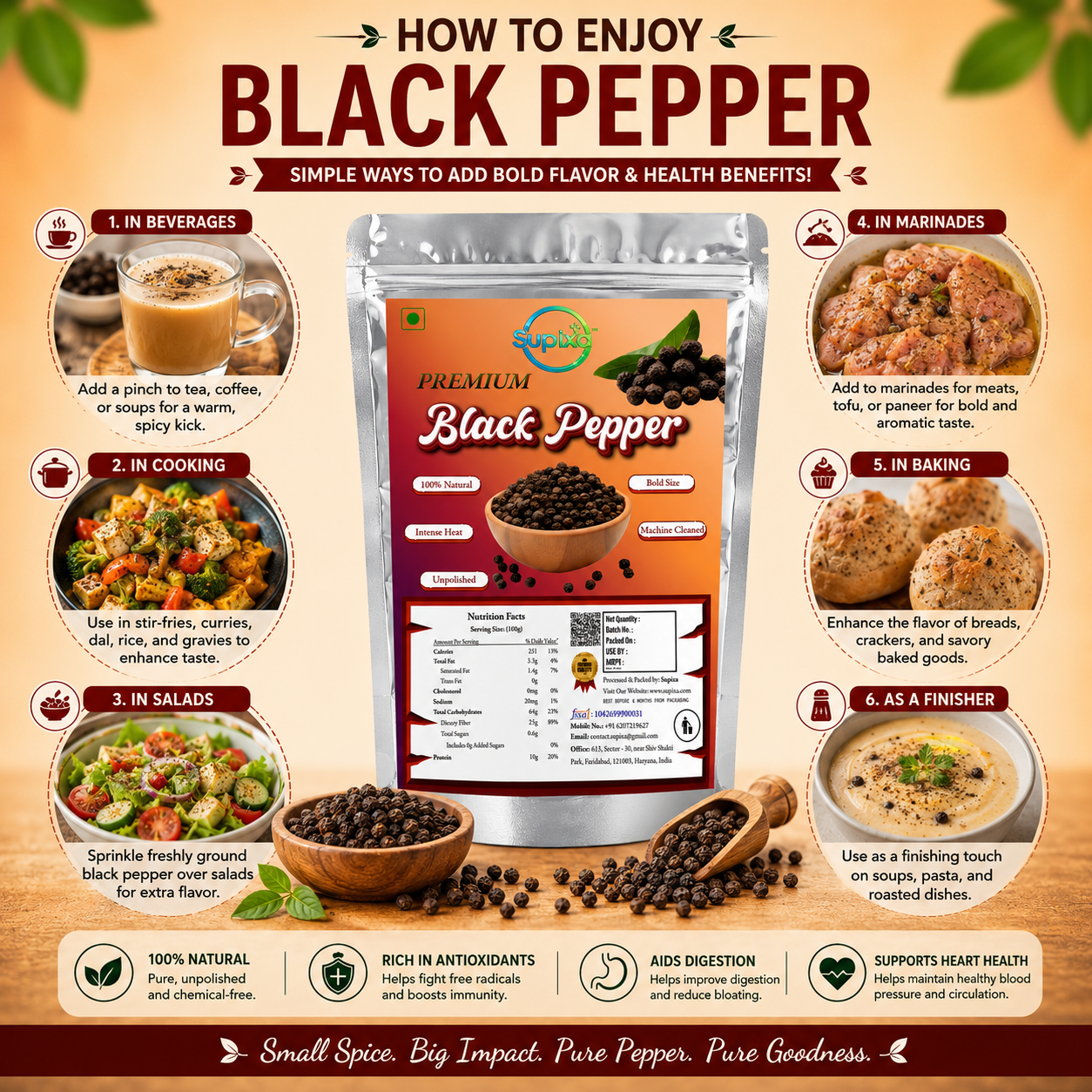 Supixa Premium Black Pepper (Kali Mirch) – 100g & 200g | Bold & Unpolished