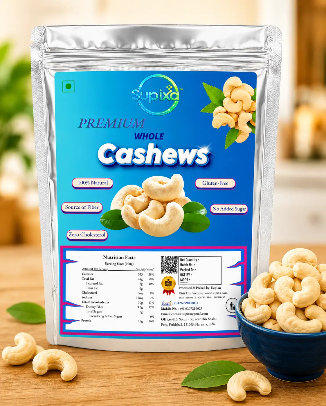 Supixa Premium Whole Cashews (Kaju) – Large, Sweet & Crunchy | 200g, 400g, 800g
