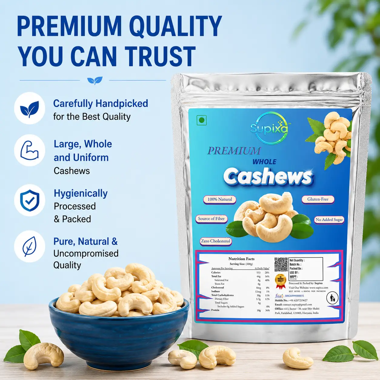 Supixa Premium Whole Cashews (Kaju) – Large, Sweet & Crunchy | 200g, 400g, 800g