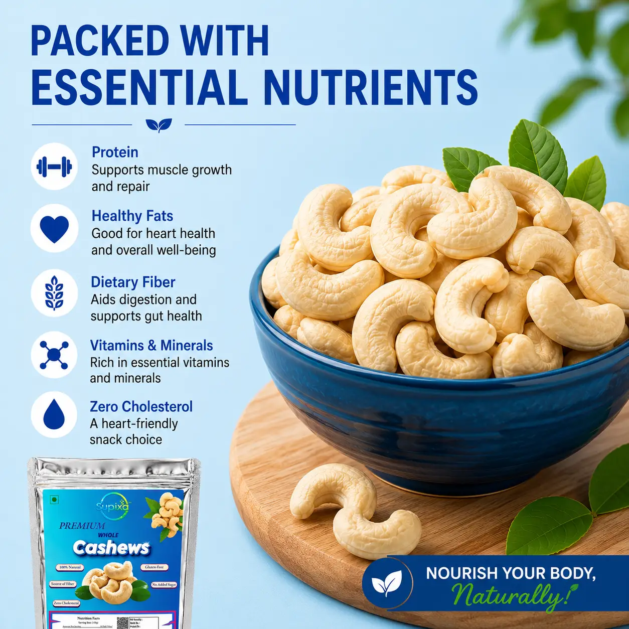 Supixa Premium Whole Cashews (Kaju) – Large, Sweet & Crunchy | 200g, 400g, 800g