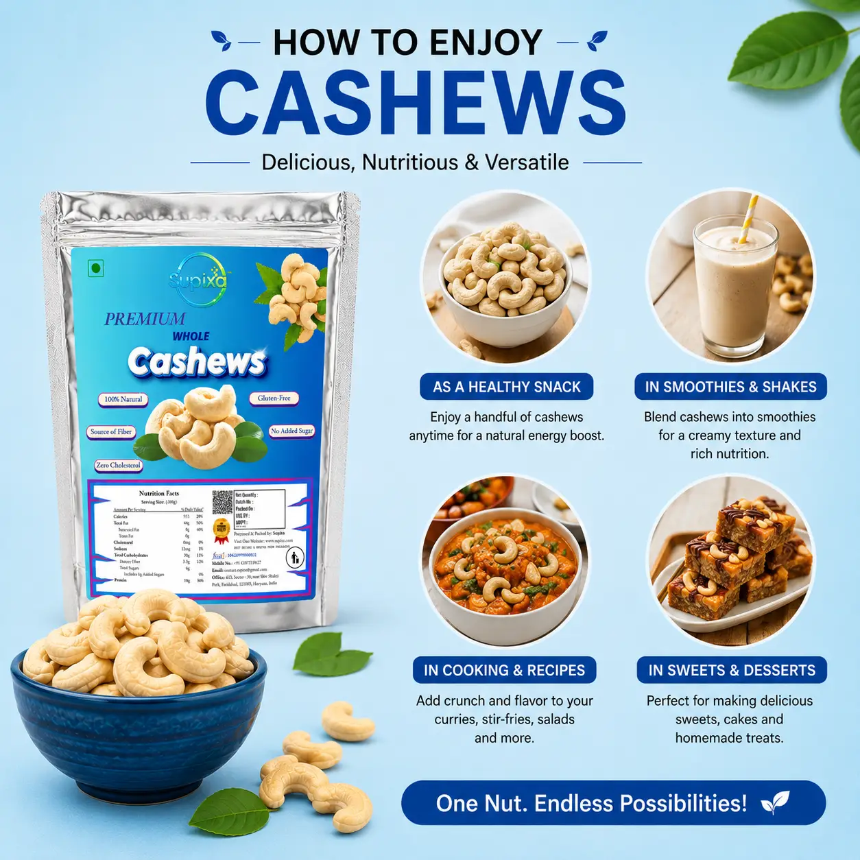 Supixa Premium Whole Cashews (Kaju) – Large, Sweet & Crunchy | 200g, 400g, 800g