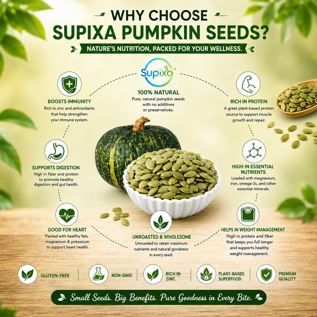 Supixa Premium Raw Pumpkin Seeds – AAA Grade & Zinc Rich | 100g, 200g
