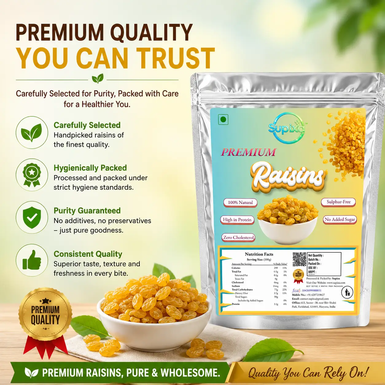 Supixa Premium Raisins (Kishmish) – Sweet, Fleshy & Clean | 200g, 400g, 800g