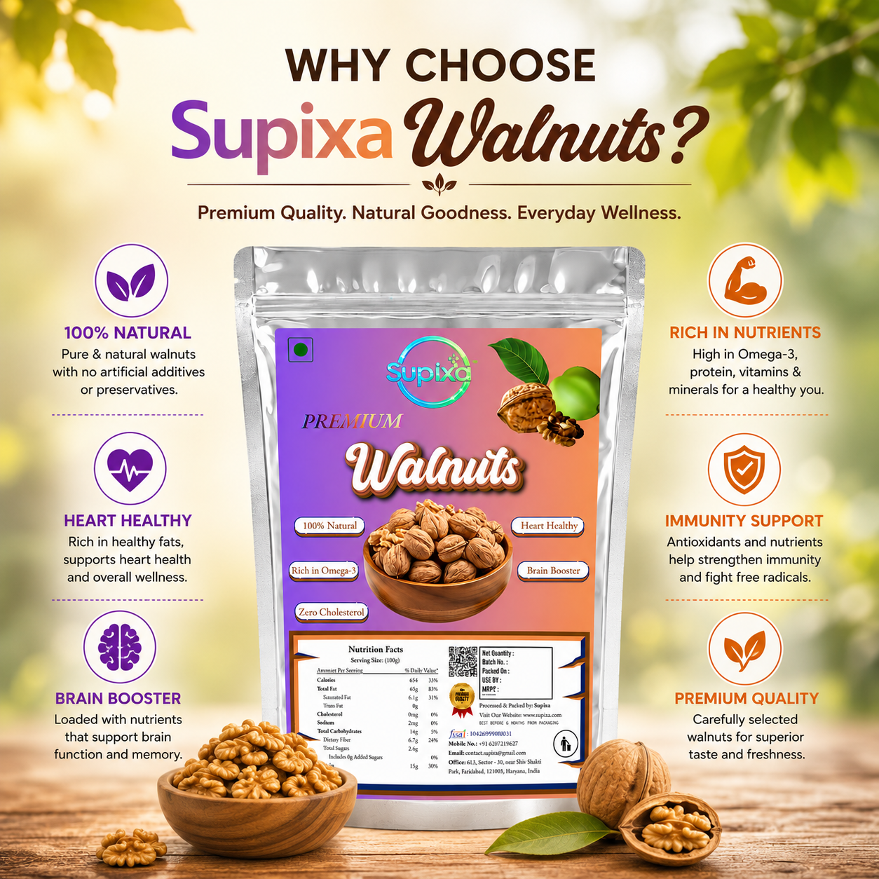 Supixa Premium Walnuts (Akhrot Halves) – Light & Sweet | 200g, 400g, 800g