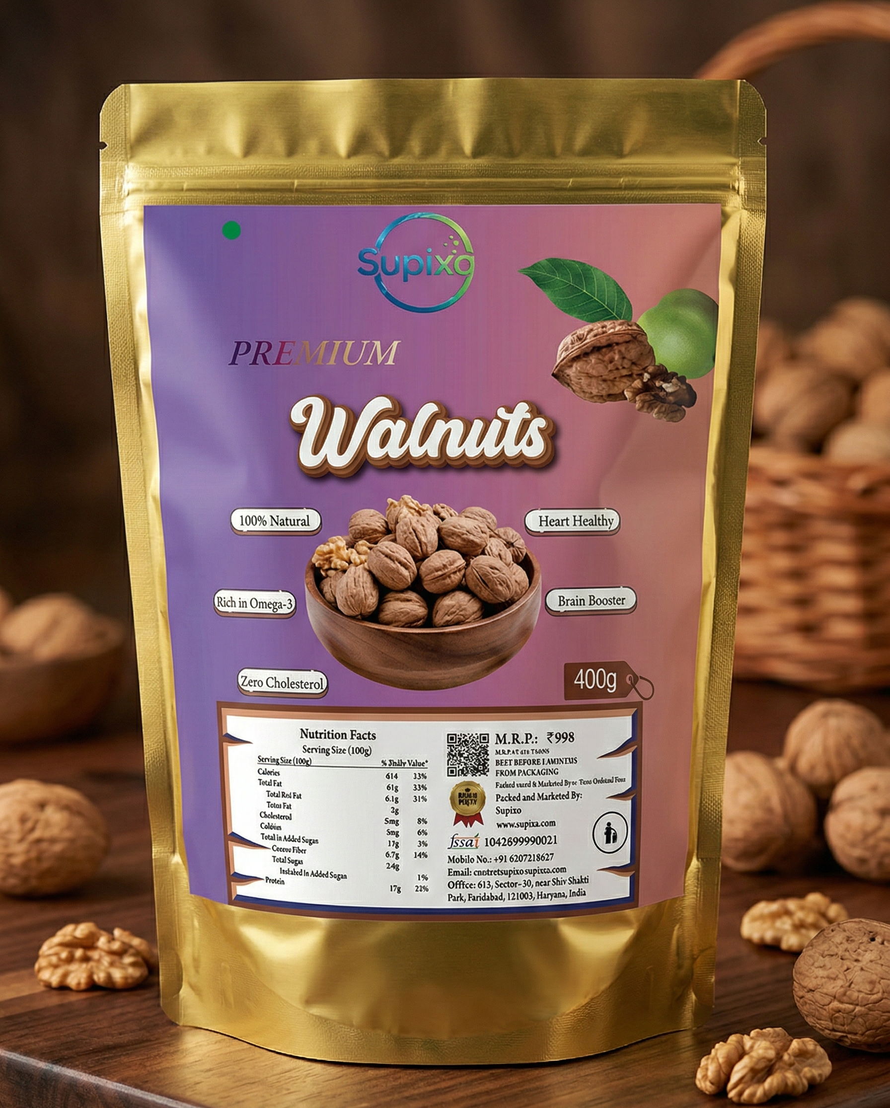 Supixa Premium Walnuts (Akhrot Halves) – Light & Sweet | 200g, 400g, 800g