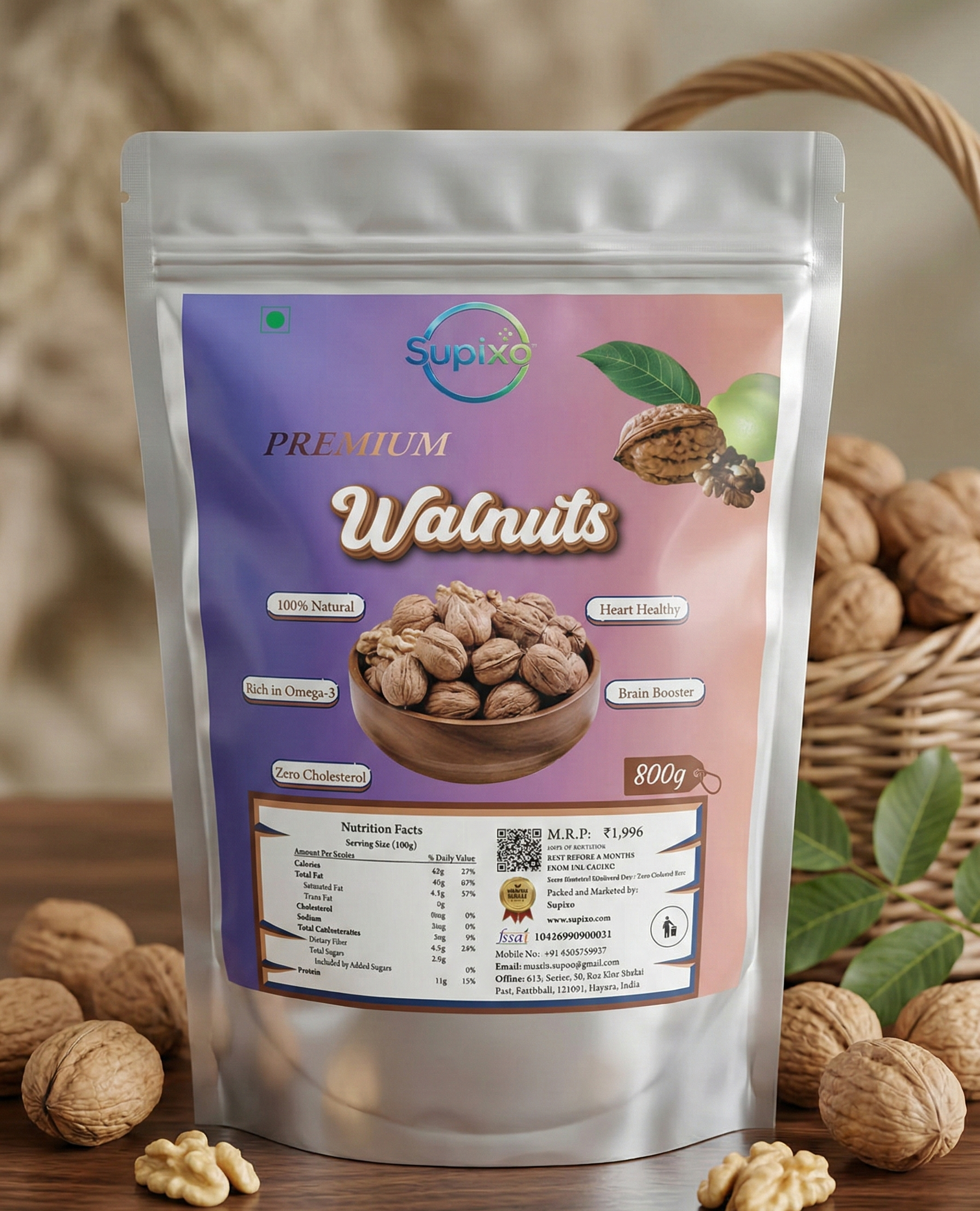 Supixa Premium Walnuts (Akhrot Halves) – Light & Sweet | 200g, 400g, 800g