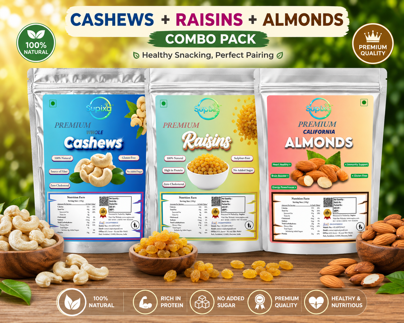 Supixa Premium Dry Fruits Combo – Jumbo Almonds, Cashews, Raisins | 3 x 200g