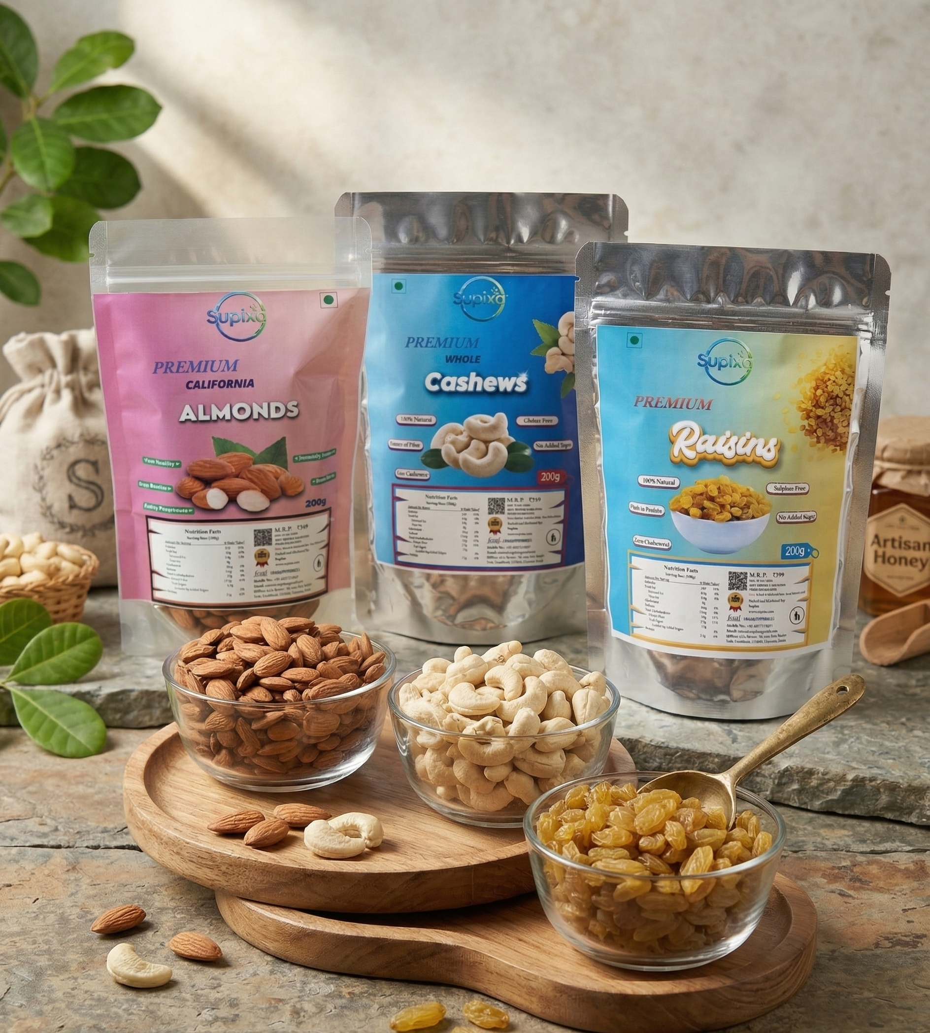 Supixa Premium Dry Fruits Combo – Jumbo Almonds, Cashews, Raisins | 3 x 200g