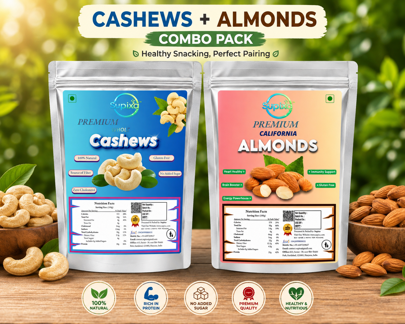 Premium Whole Cashews & California Almonds Combo Pack (200g, 400g, 800g) | Supixa