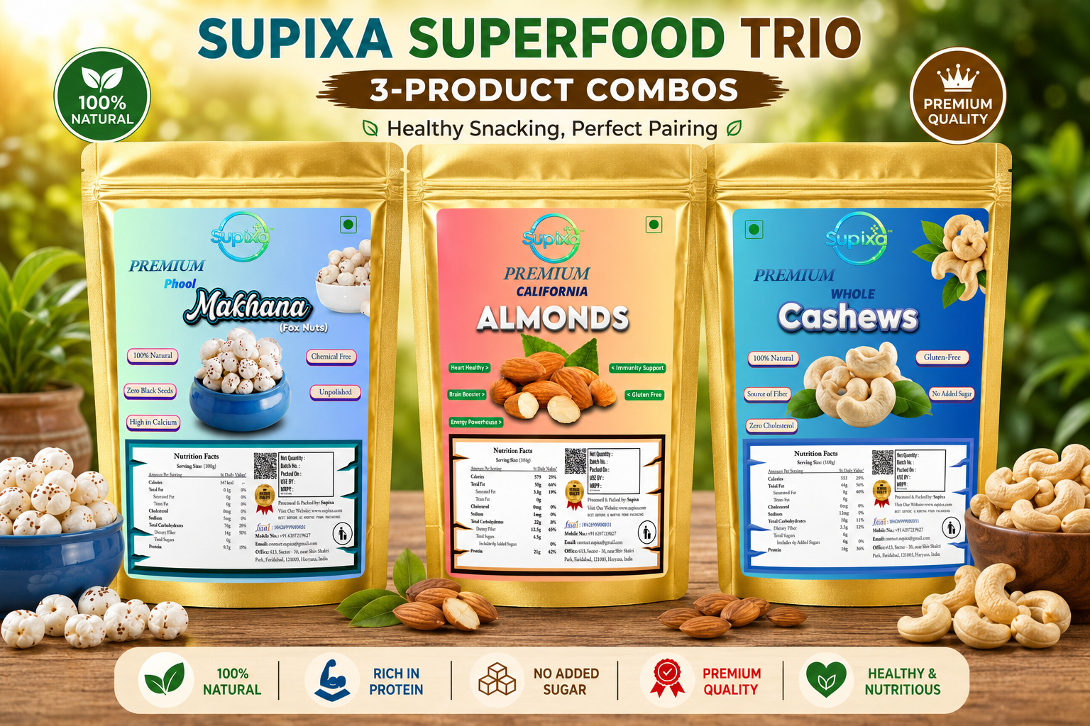 Supixa Superfood Trio: Makhana, Almonds & Cashews Combo - 200g